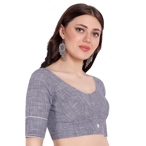 JISB Women's Cotton Micro Checks Elbow Sleeve Blouse (Blue, 38) - Image 2