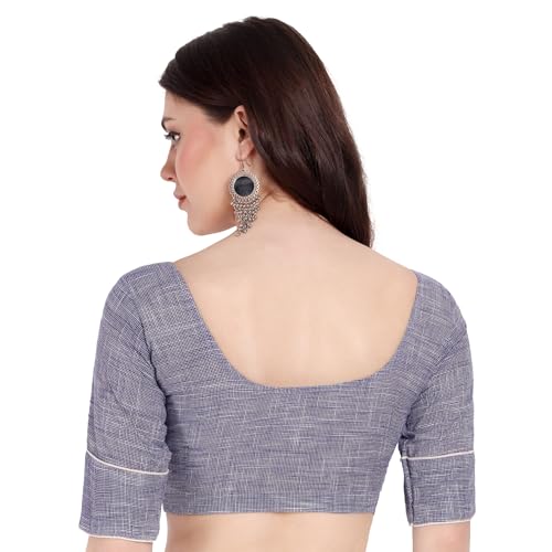 JISB Women's Cotton Micro Checks Elbow Sleeve Blouse (Blue, 38) - Image 3