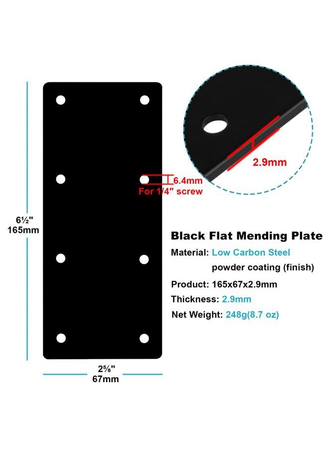 OTTFF 6 Pcs Black Flat Straight Mending Plate, 6-1/2" x 2-5/8" Steel Repair Brace Bracket, 2.9mm Thick - Image 1