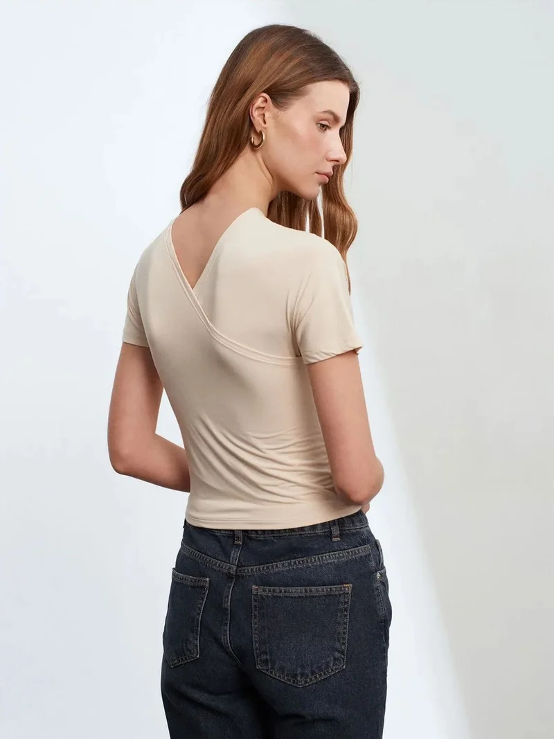 Dilvin Dilvin Slim Fit V-Neck Jersey Blouse