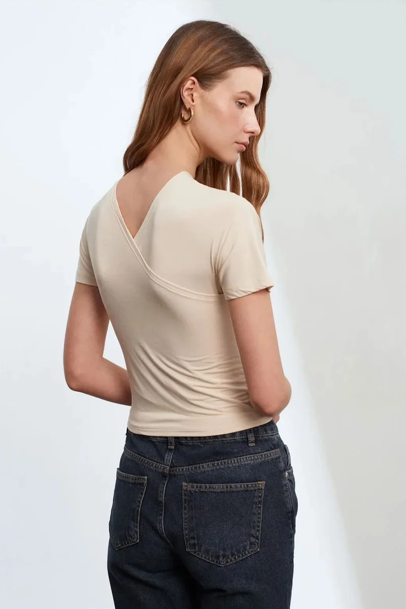 Dilvin DILVIN Slim Fit V-Neck Jersey Blouse