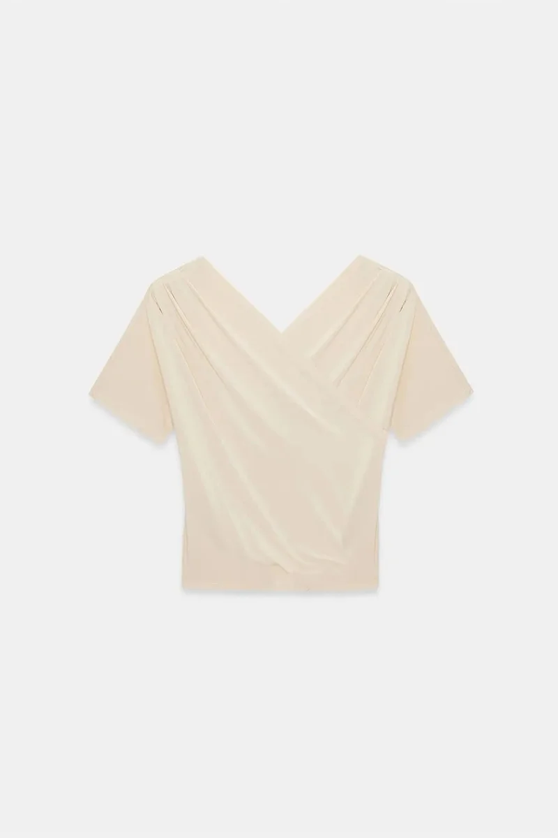 Dilvin Beige Natural DILVIN Slim Fit V-Neck Jersey Blouse for Women | Best Price UAE
