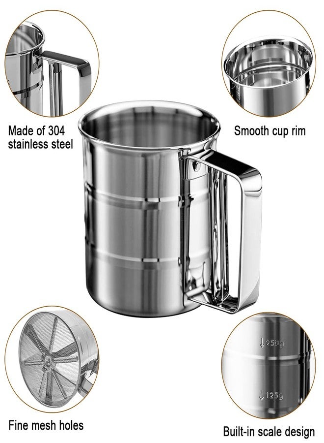 Dland Silver Flour Sifter Baking Tool Set, DLAND Stainless Steel 4-Piece Kit with 10" Whisk, Dough Scraper & 5 Measuring Spoons, Mirror Polished, Easy to Clean, for Cake Bread Cookie Prep - Image 2