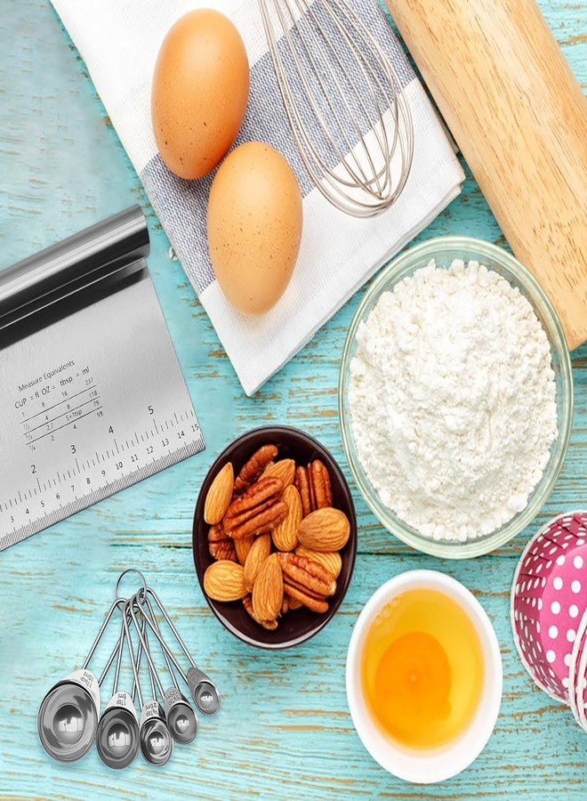 Dland Silver Flour Sifter Baking Tool Set, DLAND Stainless Steel 4-Piece Kit with 10" Whisk, Dough Scraper & 5 Measuring Spoons, Mirror Polished, Easy to Clean, for Cake Bread Cookie Prep - Image 5