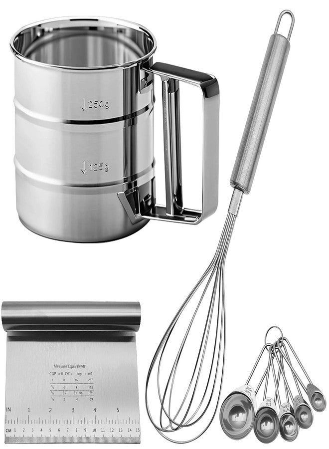 Dland Silver Flour Sifter Baking Tool Set, DLAND Stainless Steel 4-Piece Kit with 10" Whisk, Dough Scraper & 5 Measuring Spoons, Mirror Polished, Easy to Clean, for Cake Bread Cookie Prep - Image 1
