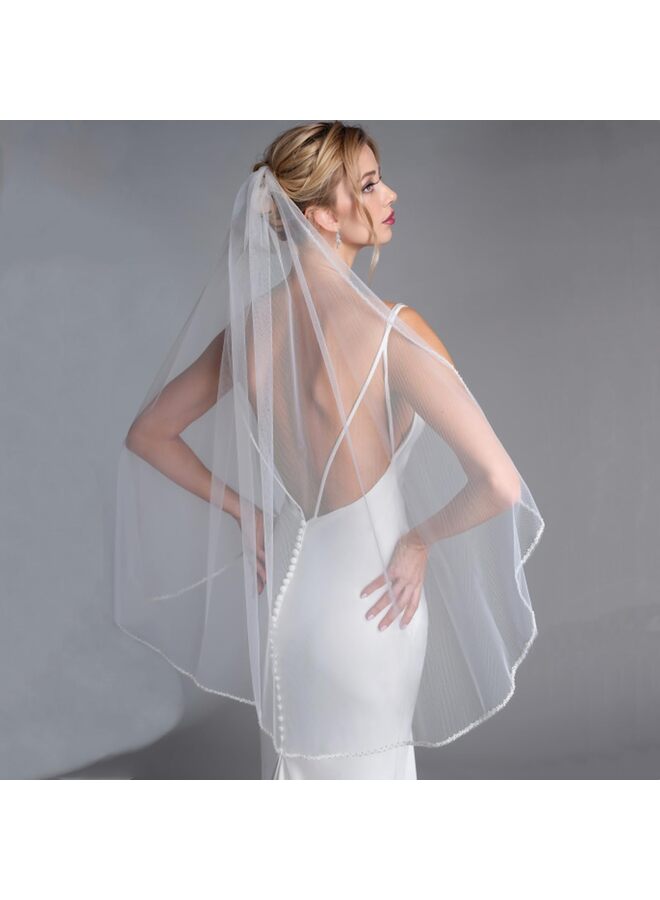 Wedding Veil Pearls and Crystals Beaded Edge 1 Tier Fingertip Long Bridal Veil Pearl Wrap Veil Party Beaded Veil White, One Size - Image 3