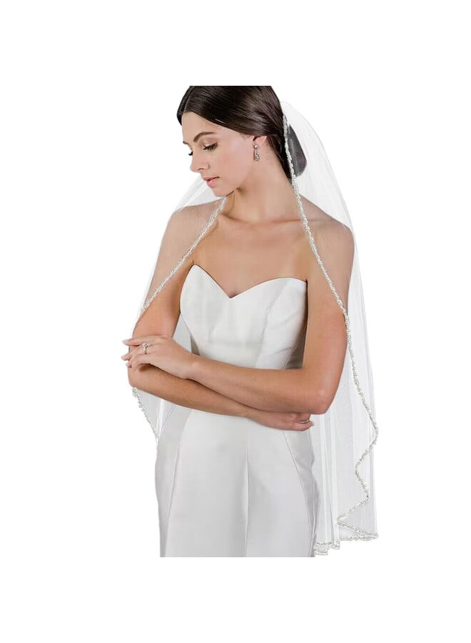 Wedding Veil Pearls and Crystals Beaded Edge 1 Tier Fingertip Long Bridal Veil Pearl Wrap Veil Party Beaded Veil White, One Size - Image 1