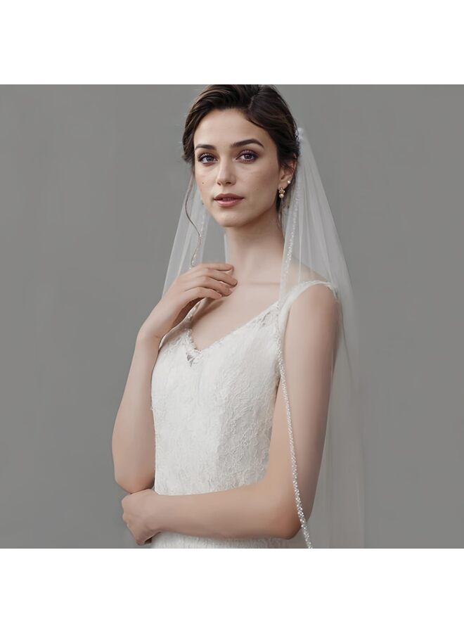 Wedding Veil Pearls and Crystals Beaded Edge 1 Tier Fingertip Long Bridal Veil Pearl Wrap Veil Party Beaded Veil White, One Size - Image 5