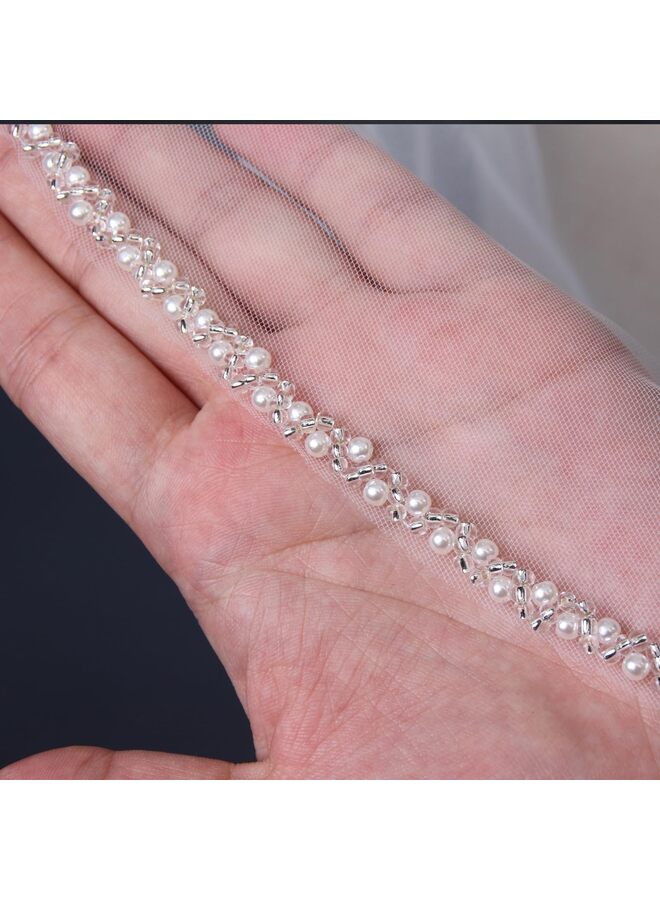 Wedding Veil Pearls and Crystals Beaded Edge 1 Tier Fingertip Long Bridal Veil Pearl Wrap Veil Party Beaded Veil White, One Size - Image 2