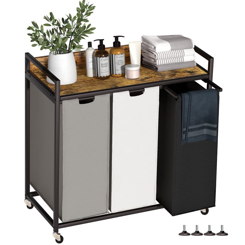 Herture Laundry Hampers with Shelf, Laundry Basket 3 Section, Laundry Sorter with Pull-Out Removable Large 3 Color Bags and Movable Wheels, Metal Frame, 3 x 15.87 Gallons (60L), Rustic Brown PF04XLN - Image 1