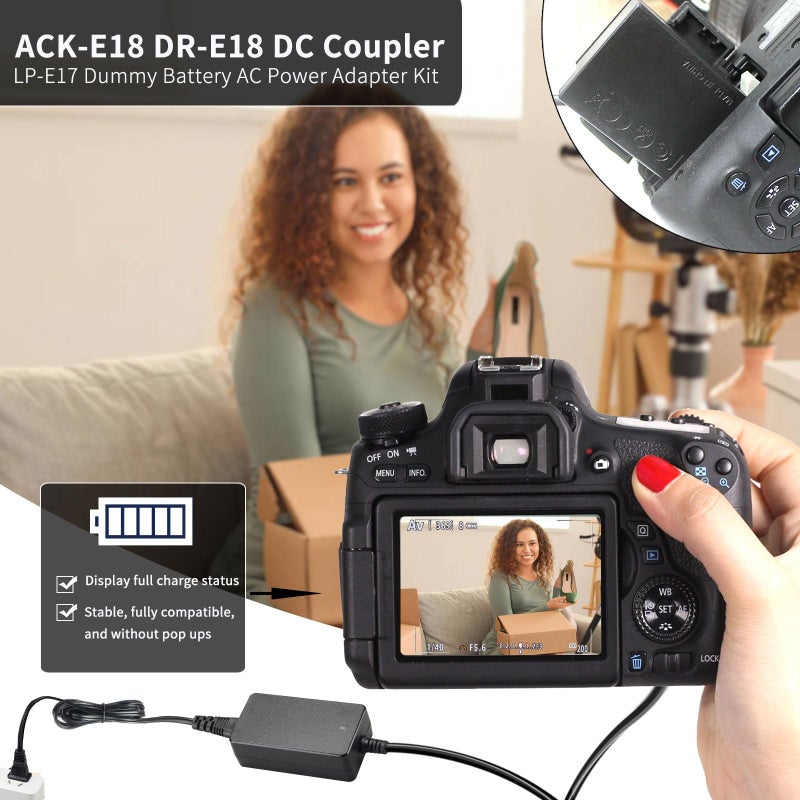 F1TP ACK-E18 AC Power Supply Adapter DR-E18 DC Coupler Kit for Canon EOS Rebel T6i T7i SL2 SL3 RP R10 T6s T8i 77D 200D 250D 750D 760D 800D 850D Cameras. - Image 2