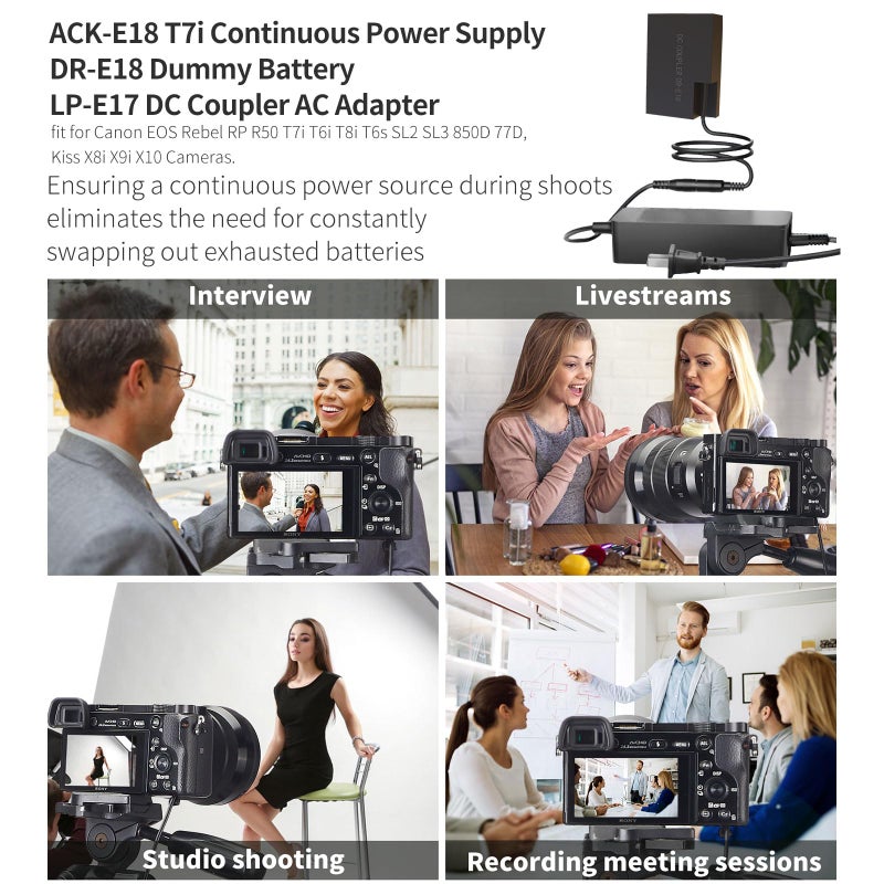 F1TP ACK-E18 AC Power Supply Adapter DR-E18 DC Coupler Kit for Canon EOS Rebel T6i T7i SL2 SL3 RP R10 T6s T8i 77D 200D 250D 750D 760D 800D 850D Cameras. - Image 3
