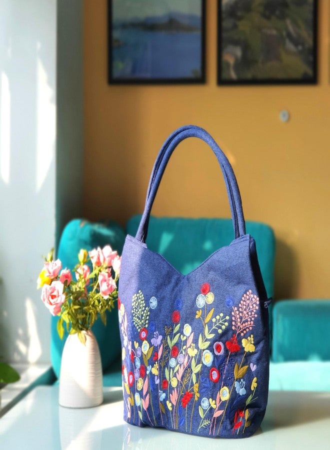 HCRAFT Embroidered Handbags for Women, Large Blue Shoulder Bag with Zipper,13.8x6.3x14.5, Fabric Tote Bag, Hobo Bags For Women, Mother's Day Bag, Tote Bag Aesthetic with Inner Pocket - Image 2