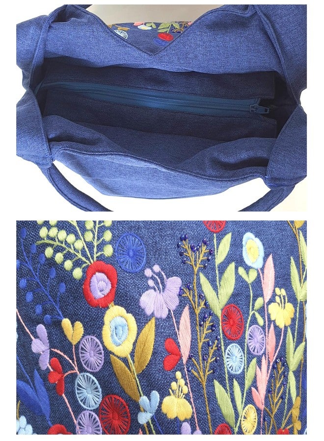 HCRAFT Embroidered Handbags for Women, Large Blue Shoulder Bag with Zipper,13.8x6.3x14.5, Fabric Tote Bag, Hobo Bags For Women, Mother's Day Bag, Tote Bag Aesthetic with Inner Pocket - Image 5