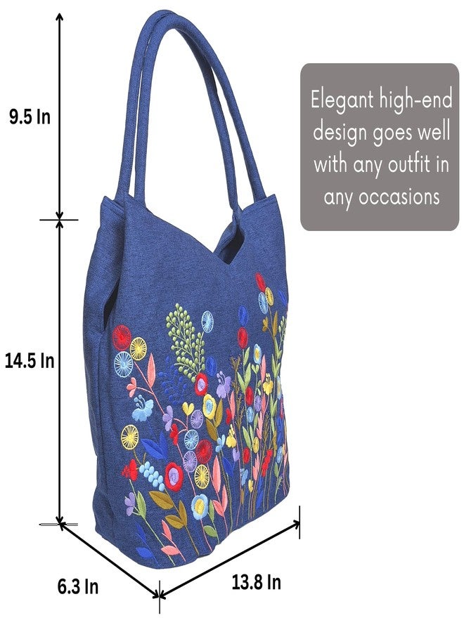 HCRAFT Embroidered Handbags for Women, Large Blue Shoulder Bag with Zipper,13.8x6.3x14.5, Fabric Tote Bag, Hobo Bags For Women, Mother's Day Bag, Tote Bag Aesthetic with Inner Pocket - Image 3