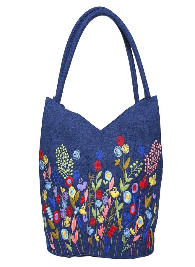 HCRAFT Embroidered Handbags for Women, Large Blue Shoulder Bag with Zipper,13.8x6.3x14.5, Fabric Tote Bag, Hobo Bags For Women, Mother's Day Bag, Tote Bag Aesthetic with Inner Pocket - Image 1