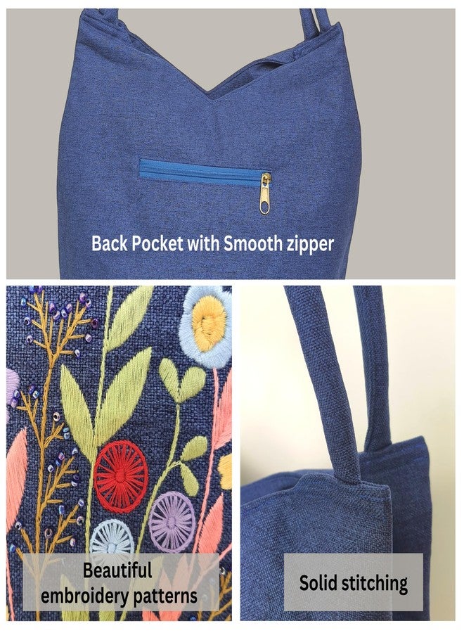 HCRAFT Embroidered Handbags for Women, Large Blue Shoulder Bag with Zipper,13.8x6.3x14.5, Fabric Tote Bag, Hobo Bags For Women, Mother's Day Bag, Tote Bag Aesthetic with Inner Pocket - Image 4