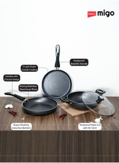 Impex 4-Piece Cookware Set Aluminum 5-Layer Super Granite Non-Stick Coated, Kadai Pan With Tempered Glass Lid, Frypan, Tawa Pan, PFOA Free FKT Grey  - Image 3