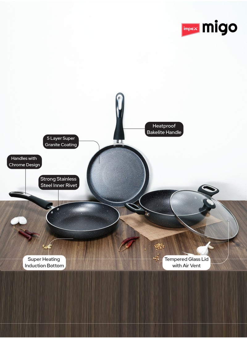 Impex 4-Piece Cookware Set Aluminum 5-Layer Super Granite Non-Stick Coated, Kadai Pan With Tempered Glass Lid, Frypan, Tawa Pan, PFOA Free FKT Grey  - Image 3