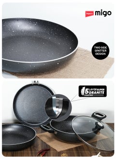 Impex 4-Piece Cookware Set Aluminum 5-Layer Super Granite Non-Stick Coated, Kadai Pan With Tempered Glass Lid, Frypan, Tawa Pan, PFOA Free FKT Grey  - Image 4
