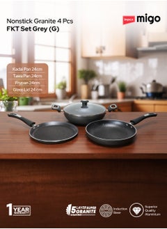 Impex 4-Piece Cookware Set Aluminum 5-Layer Super Granite Non-Stick Coated, Kadai Pan With Tempered Glass Lid, Frypan, Tawa Pan, PFOA Free FKT Grey  - Image 2