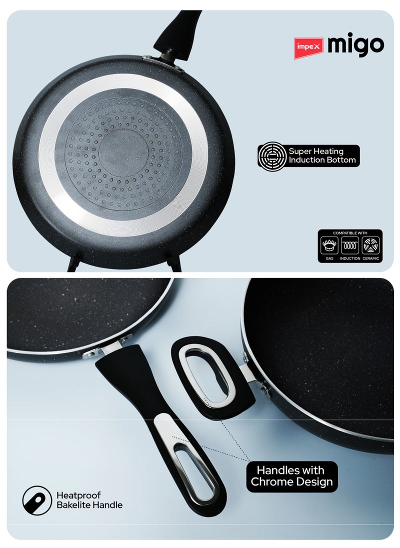 Impex 4-Piece Cookware Set Aluminum 5-Layer Super Granite Non-Stick Coated, Kadai Pan With Tempered Glass Lid, Frypan, Tawa Pan, PFOA Free FKT Grey  - Image 5