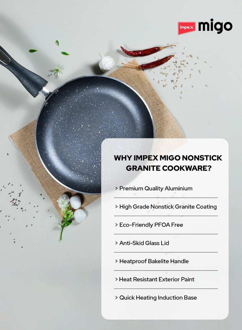 4-Piece Cookware Set Aluminum 5-Layer Super Granite Non-Stick Coated, Kadai Pan With Tempered Glass Lid, Frypan, Tawa Pan, PFOA Free FKT Grey
