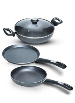 Impex 4-Piece Cookware Set Aluminum 5-Layer Super Granite Non-Stick Coated, Kadai Pan With Tempered Glass Lid, Frypan, Tawa Pan, PFOA Free FKT Grey  - Image 1
