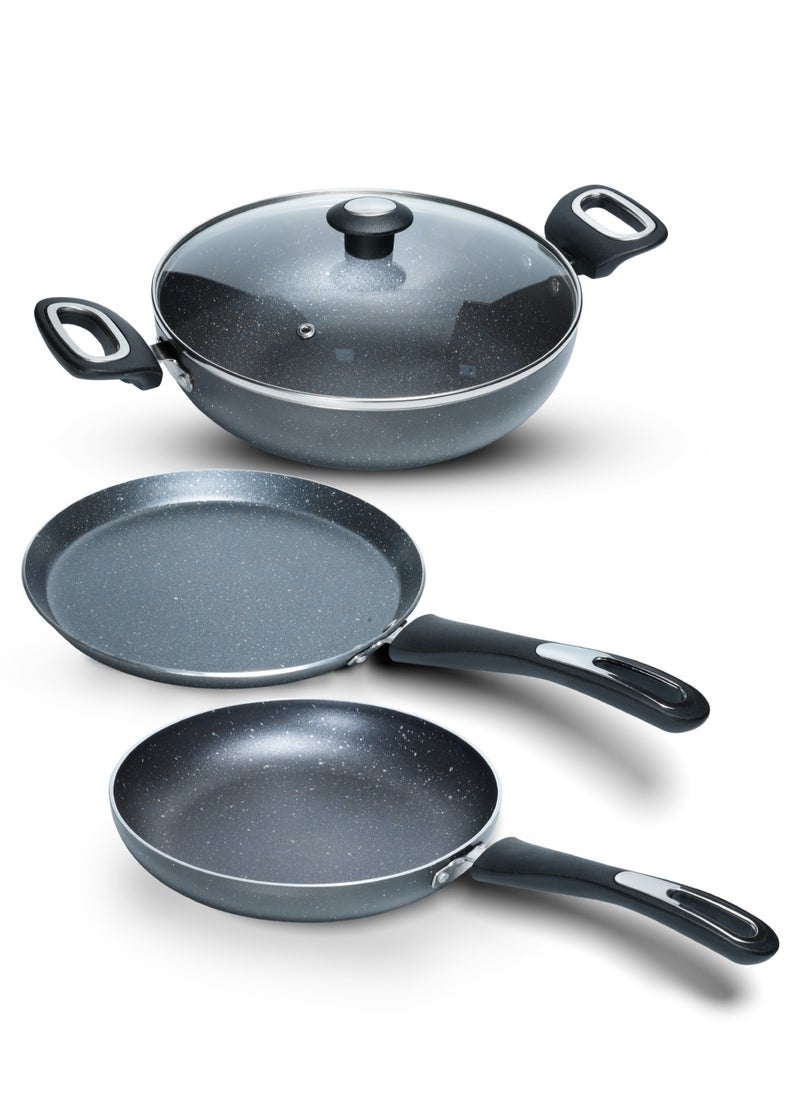 Impex 4-Piece Cookware Set Aluminum 5-Layer Super Granite Non-Stick Coated, Kadai Pan With Tempered Glass Lid, Frypan, Tawa Pan, PFOA Free FKT Grey  - Image 1