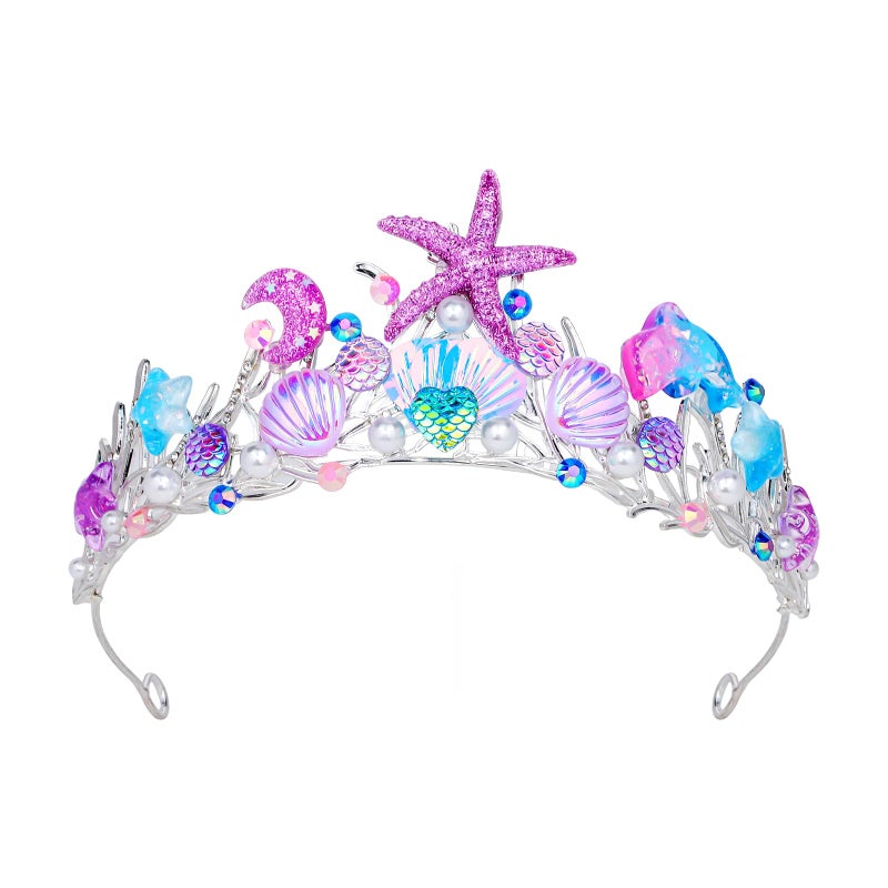 YARIEW Mermaid Crown Mermaid Birthday Decorations Mermaid Costume Mermaid Starfish Fish Scales Seashell Hair Accessories Wide Mermaid Headband Mermaid Birthday Party Gifts Purple - Image 1