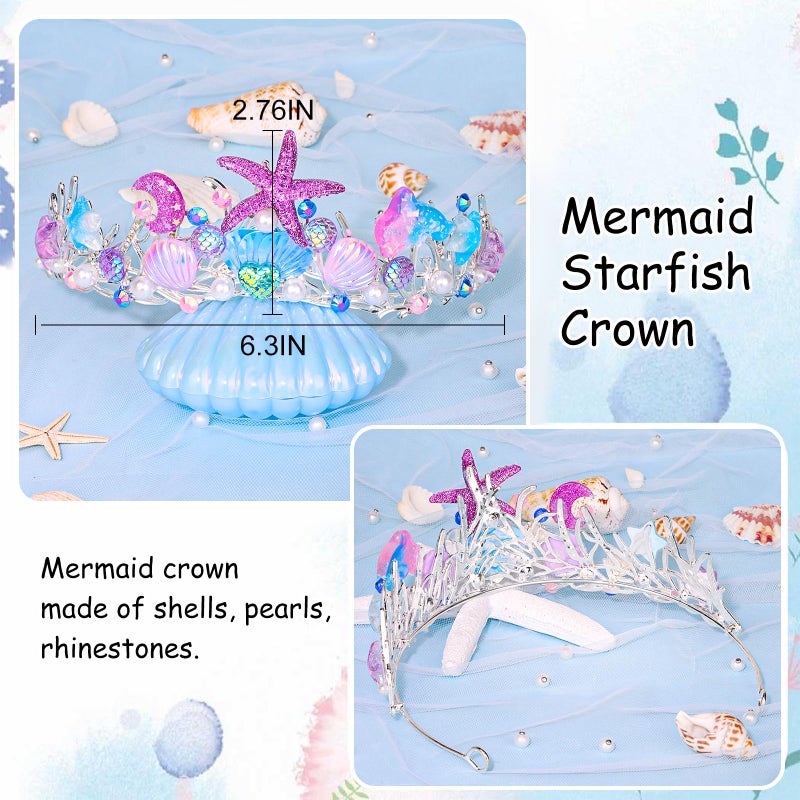 YARIEW Mermaid Crown Mermaid Birthday Decorations Mermaid Costume Mermaid Starfish Fish Scales Seashell Hair Accessories Wide Mermaid Headband Mermaid Birthday Party Gifts Purple - Image 2