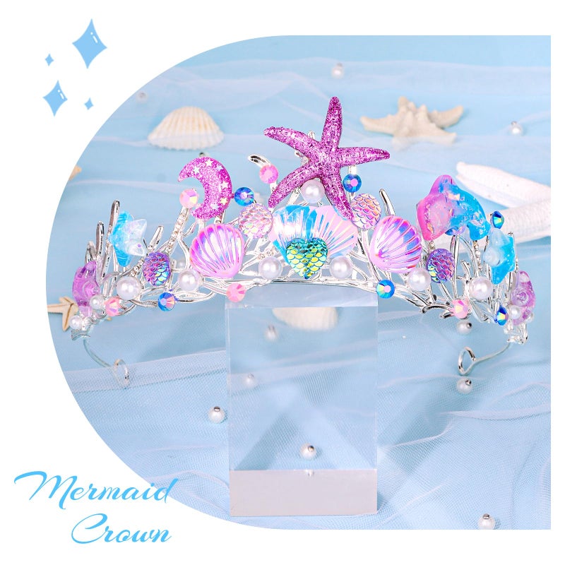 YARIEW Mermaid Crown Mermaid Birthday Decorations Mermaid Costume Mermaid Starfish Fish Scales Seashell Hair Accessories Wide Mermaid Headband Mermaid Birthday Party Gifts Purple - Image 3