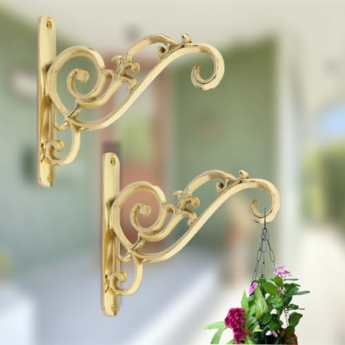 GHAR DWAR Metal Wall Hook Hanging Plant Bracket Decorative Straight Plant Hanger for Pots, Bird Feeders, Planters, Lanterns, Macrame, Wind Chimes Indoor Outdoor (Pack of 2, Gold) - Image 1