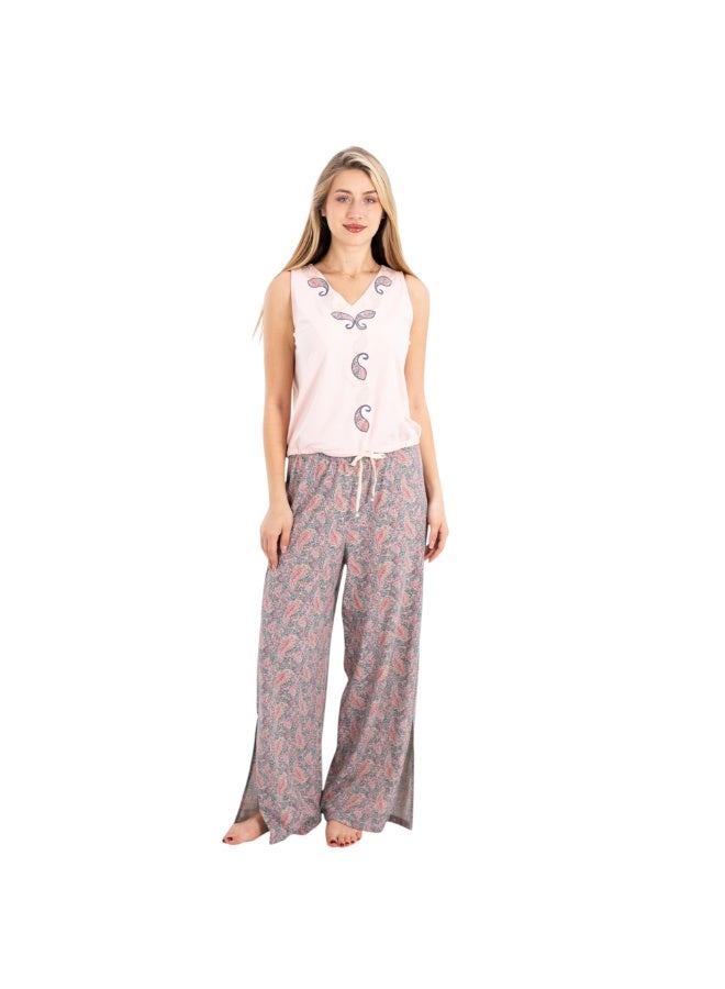 zecotex  Traditional Embroidered Cotton Pajama Set - 2-Piece Sleeveless Lounge Wear - 100% Pure Natural Cotton - Paisley Print Trousers