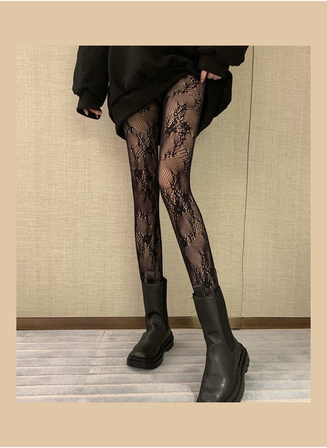 NIBEMINENT Pair Of Floral Printed Long Stockings Black  - Image 1