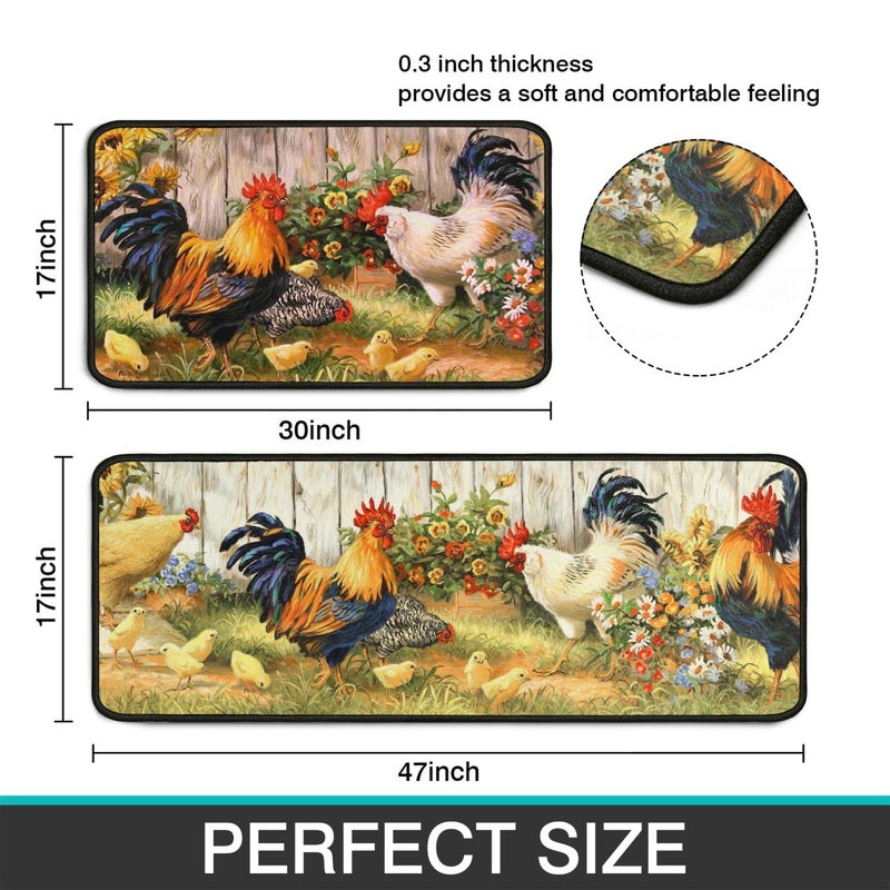 Roszwtit Rooster Kitchen Rug, Farmhouse Kitchen Rugs and Mats Set of 2, Kitchen Sets Low-Profile Washable Floor Mat for Home Kitchen Decor - 17x29 and 17x47 Inch - Image 2