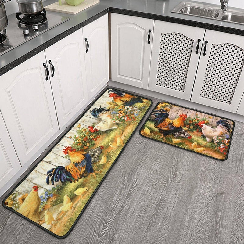 Roszwtit Rooster Kitchen Rug, Farmhouse Kitchen Rugs and Mats Set of 2, Kitchen Sets Low-Profile Washable Floor Mat for Home Kitchen Decor - 17x29 and 17x47 Inch - Image 1