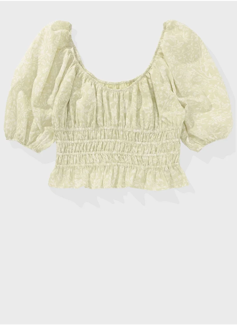 American Eagle Puff Sleeve Ruched Peplum Top