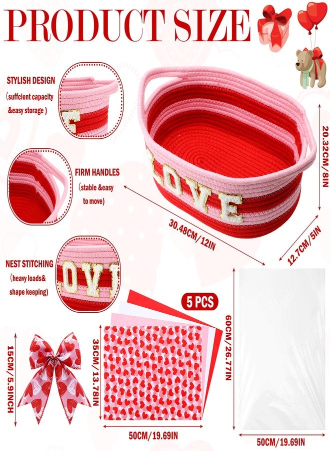 Pickmesh Valentine's Day Gift Basket Small Woven Basket with Gift Bags Tissue Paper Love Letters Bow Knot Clear Cellophane Bags Tags for Valentines Day Holiday Birthday Party Supplies - Image 3