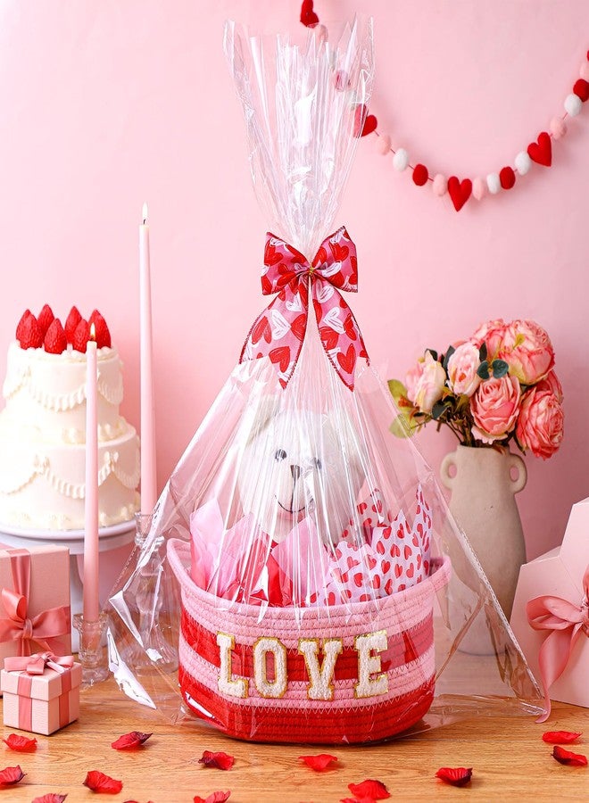 Pickmesh Valentine's Day Gift Basket Small Woven Basket with Gift Bags Tissue Paper Love Letters Bow Knot Clear Cellophane Bags Tags for Valentines Day Holiday Birthday Party Supplies - Image 1