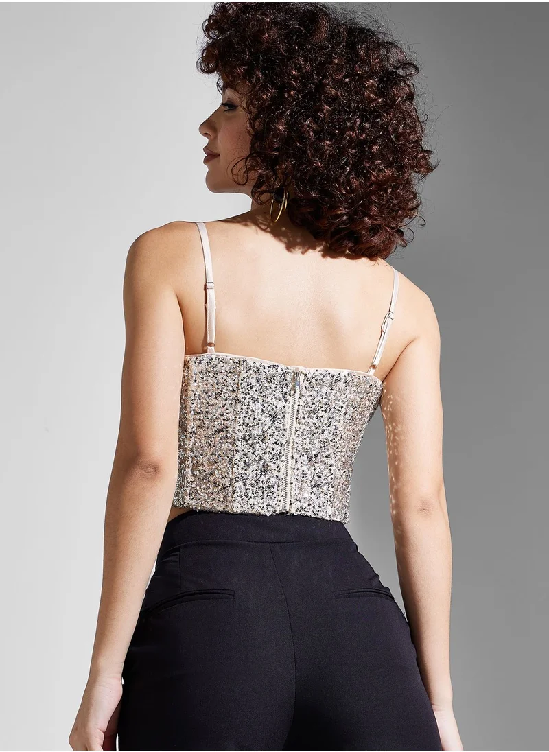 Never fully Dressed Bardot Sequin Crop Top