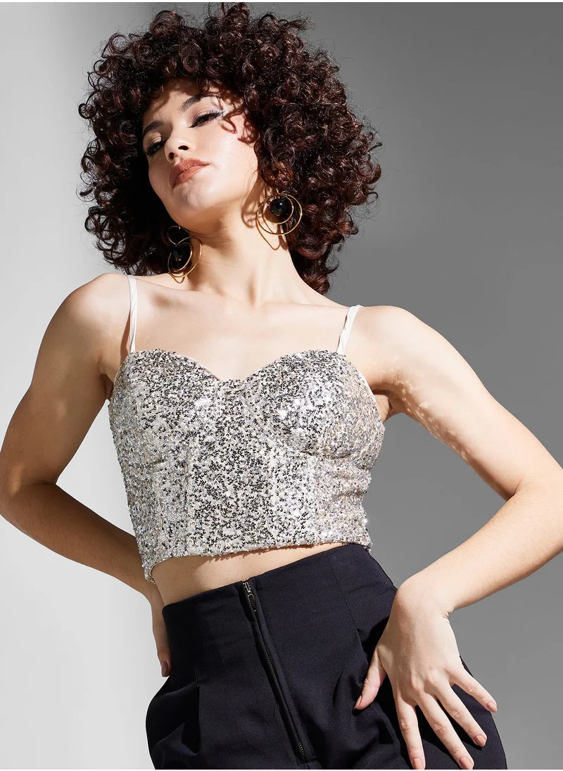 Never fully Dressed Bardot Sequin Crop Top