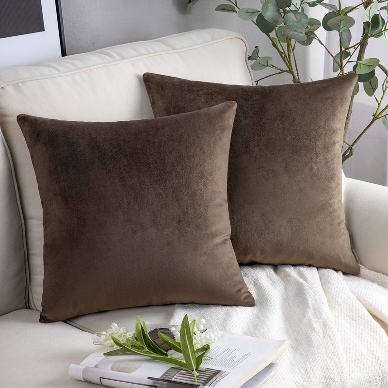 Phantoscope Pack of 2 Velvet Decorative Throw Decorative Pillow Cover Soft Solid Square Cushion Case for Couch Dark Coffee 18 x 18 inches 45 x 45 cm - Image 1
