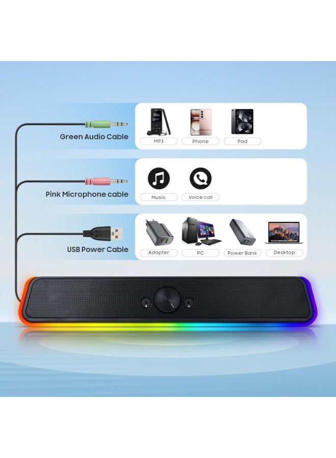 Baytion PC Speakers, Touch Laptop Speaker with Great Surround Sound，USB Powered 6W Stereo Soundbar with 2 Diaphragms, 3.5mm Aux Input, Wired Soundbar for Desktop Computer Laptops - Image 3