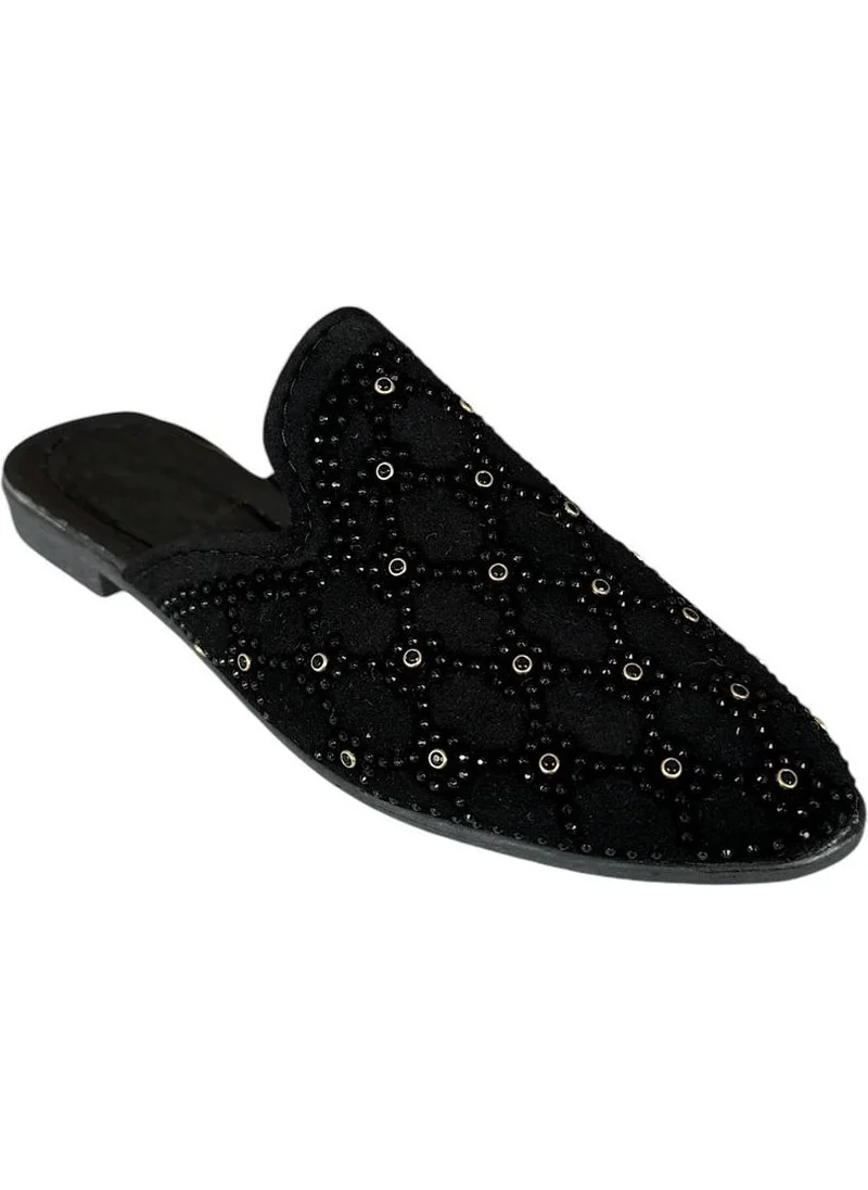 Liger Suede Pointed Toe Stone Design Women's Slippers Black - Gold