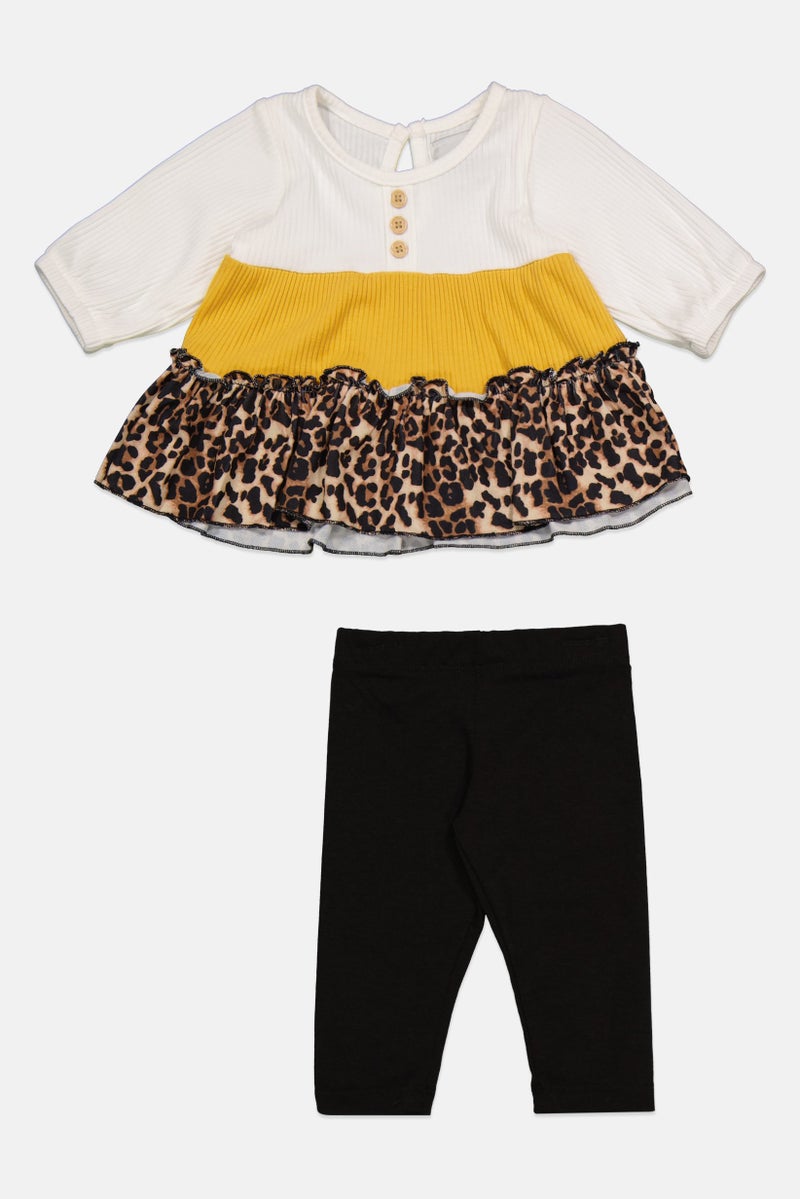 Rare Editions Toddler Girl 2 Piece Knit Printed Tiered Top And Legging Set, Ivory - Image 1