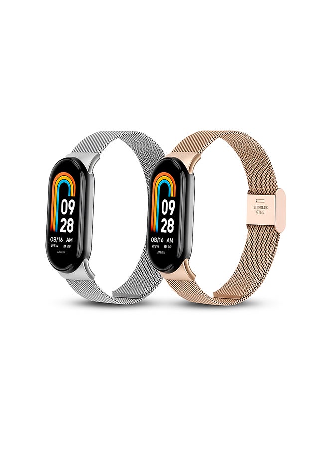 O Ozone (Pack of 2) Milanese Straps Compatibile with Xiaomi Smart Band 10 / Band 9 / Band 8, Stainless Steel Replacement Strap Mesh Metal Watch Bands Adjustable Buckle Smart Wristbands Strap- Silver/Rose Gold - Image 1