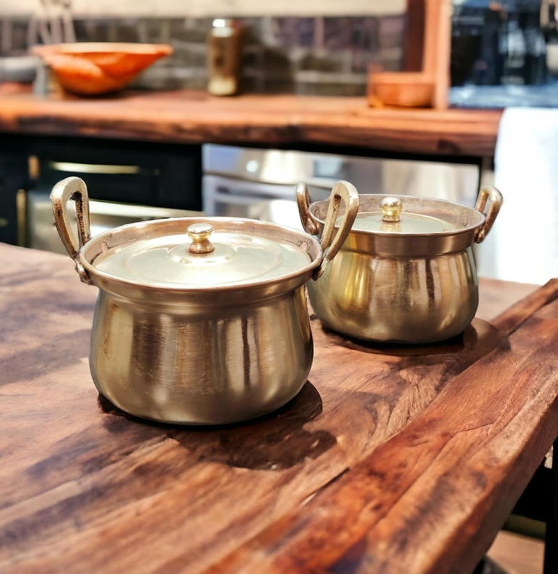 MERCHANT ANTIQUES MERCHANT ANTIQUES Set of 2 - Antique Brass Very Rare Cooking Vessel with Handles and Lid Mostly Known As Shakuntala (Kalai i.e. Tin Coating Done Inside for Cooking Purpose)  - Image 2