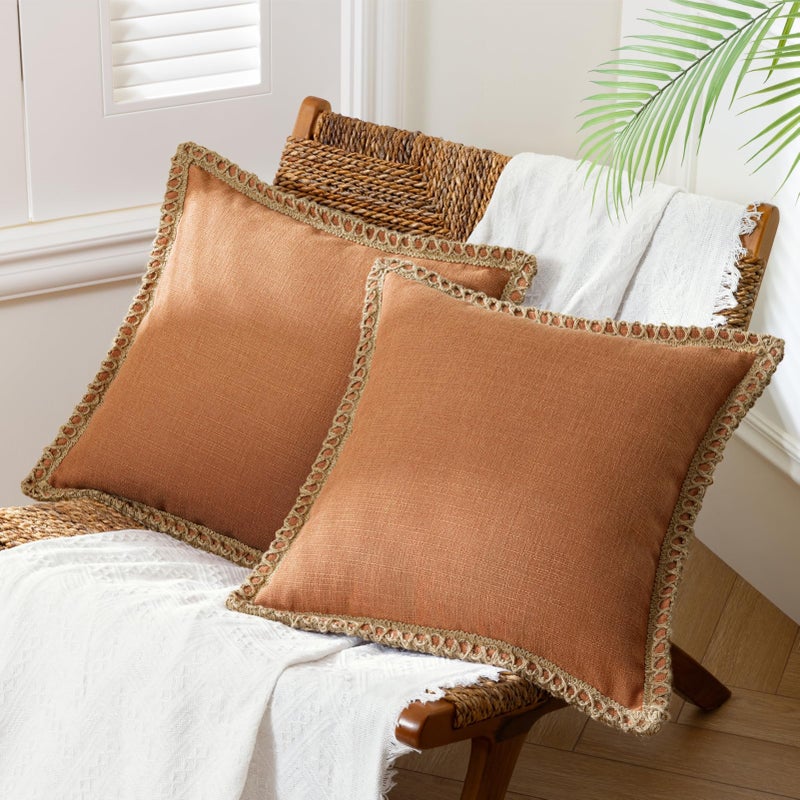 Phantoscope Pack of 2 Farmhouse Decorative Solid Throw Decorative Pillow Cover Burlap Linen Trimmed Tailored Edges Orange 18 x 18 inches 45 x 45 cm