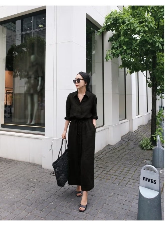 Barbora Linen Casual Waist Tie Detail Long Sleeve Dress LN07BLACK9 - Image 1